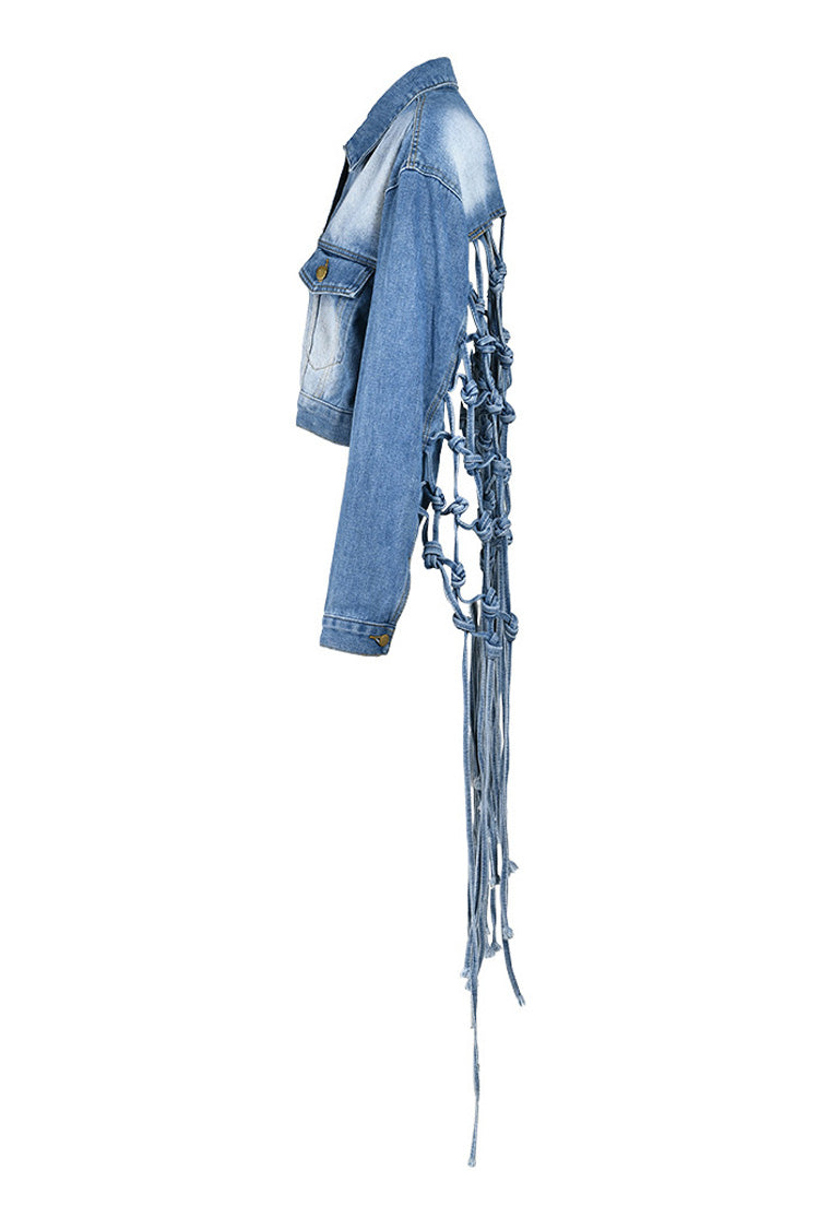 Boho Chic Button Down High Low Cutout Macrame Fringe Crop Denim Jacket - Denim - DYAVOR®