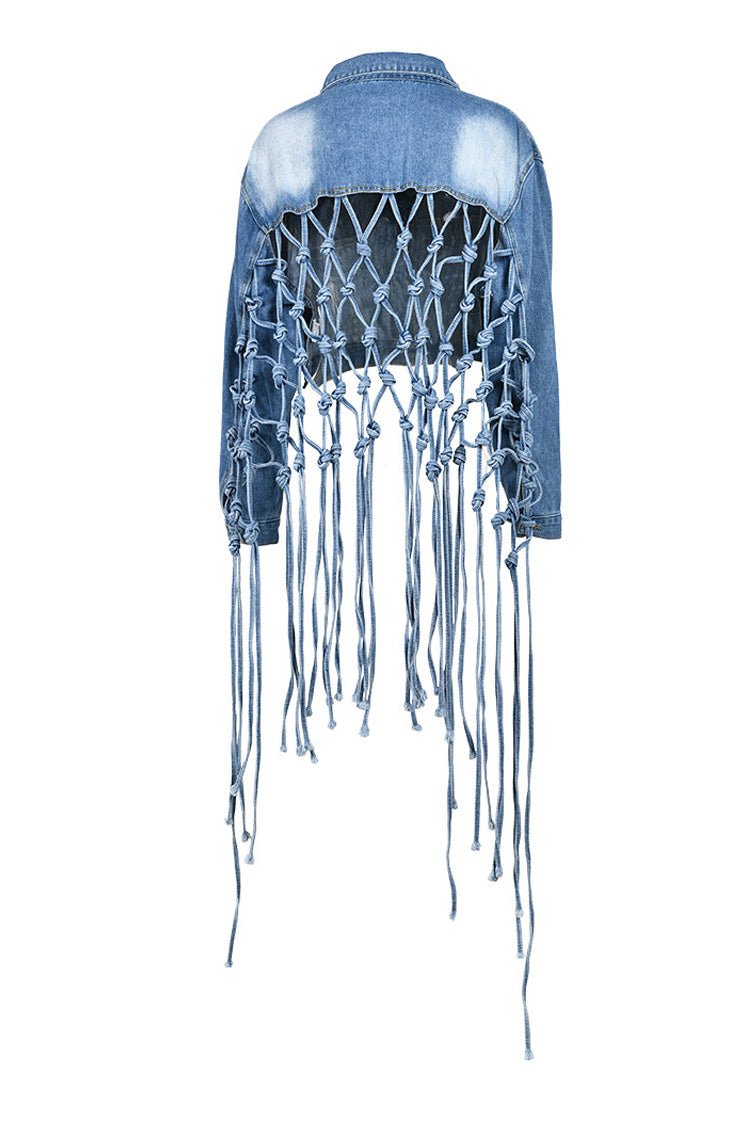 Boho Chic Button Down High Low Cutout Macrame Fringe Crop Denim Jacket - Denim - DYAVOR®