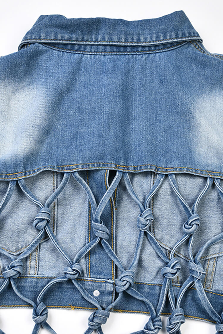 Boho Chic Button Down High Low Cutout Macrame Fringe Crop Denim Jacket - Denim - DYAVOR®