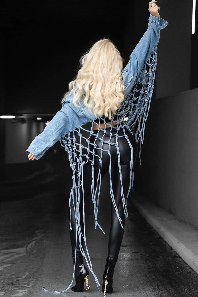 Boho Chic Button Down High Low Cutout Macrame Fringe Crop Denim Jacket - Denim - DYAVOR®