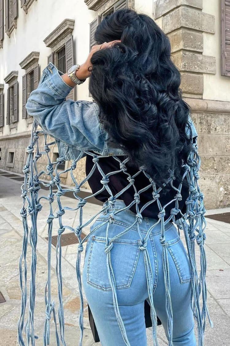 Boho Chic Button Down High Low Cutout Macrame Fringe Crop Denim Jacket - Denim - DYAVOR®