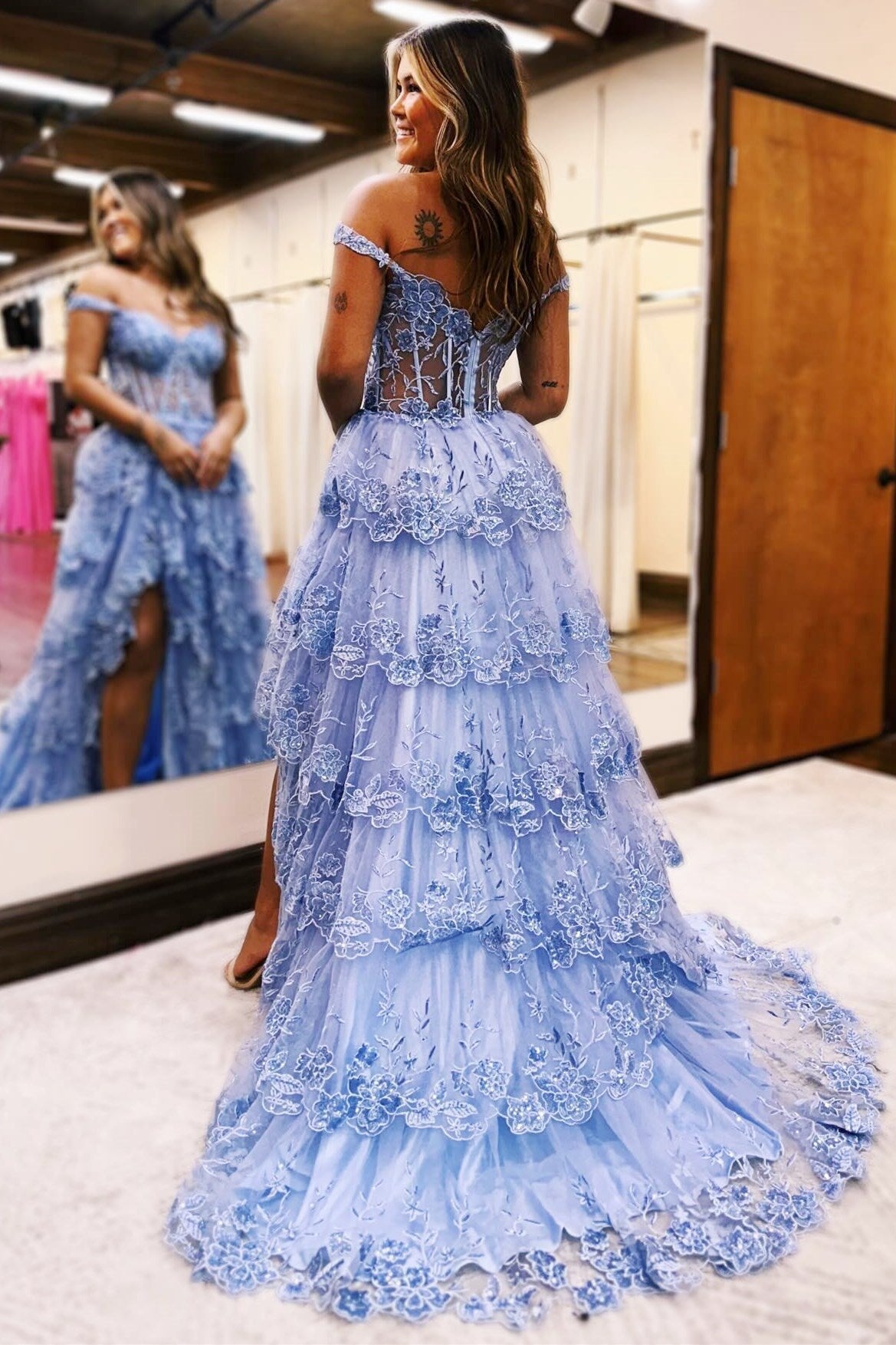 Maryann | Periwinkle Tulle Appliques Off-the-Shoulder Ruffle Long Prom Dress - Prom Dress - DYAVOR®