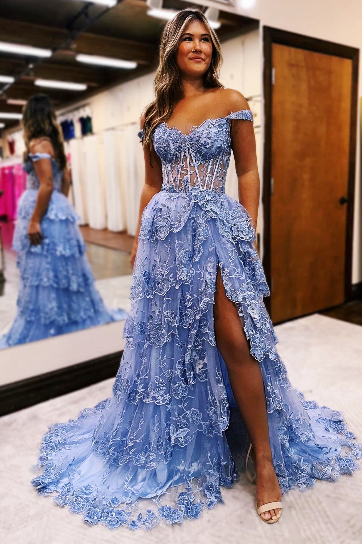 Maryann | Periwinkle Tulle Appliques Off-the-Shoulder Ruffle Long Prom Dress - Prom Dress - DYAVOR®