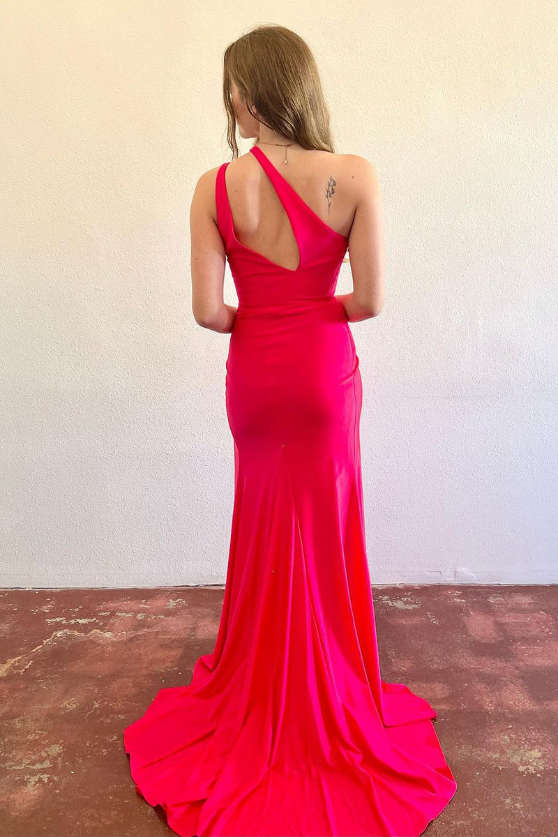 Patrice | Simple Mermaid Red Satin One Shoulder Long Prom Dress with Slit - Prom Dresses - DYAVOR®
