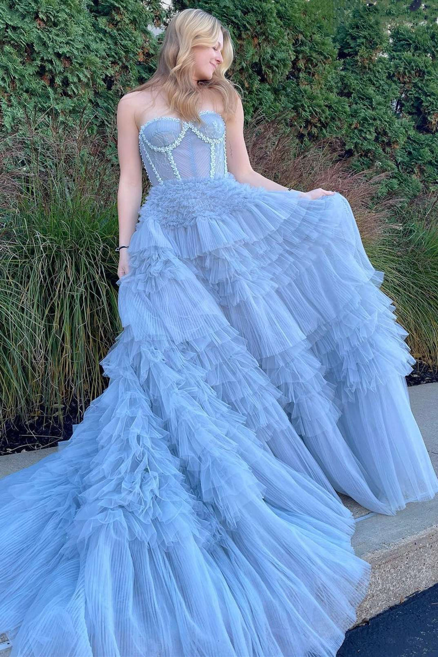 Jazlyn |Princess A-line Strapless Tiered Tulle Prom Dress - Prom Dress - DYAVOR®