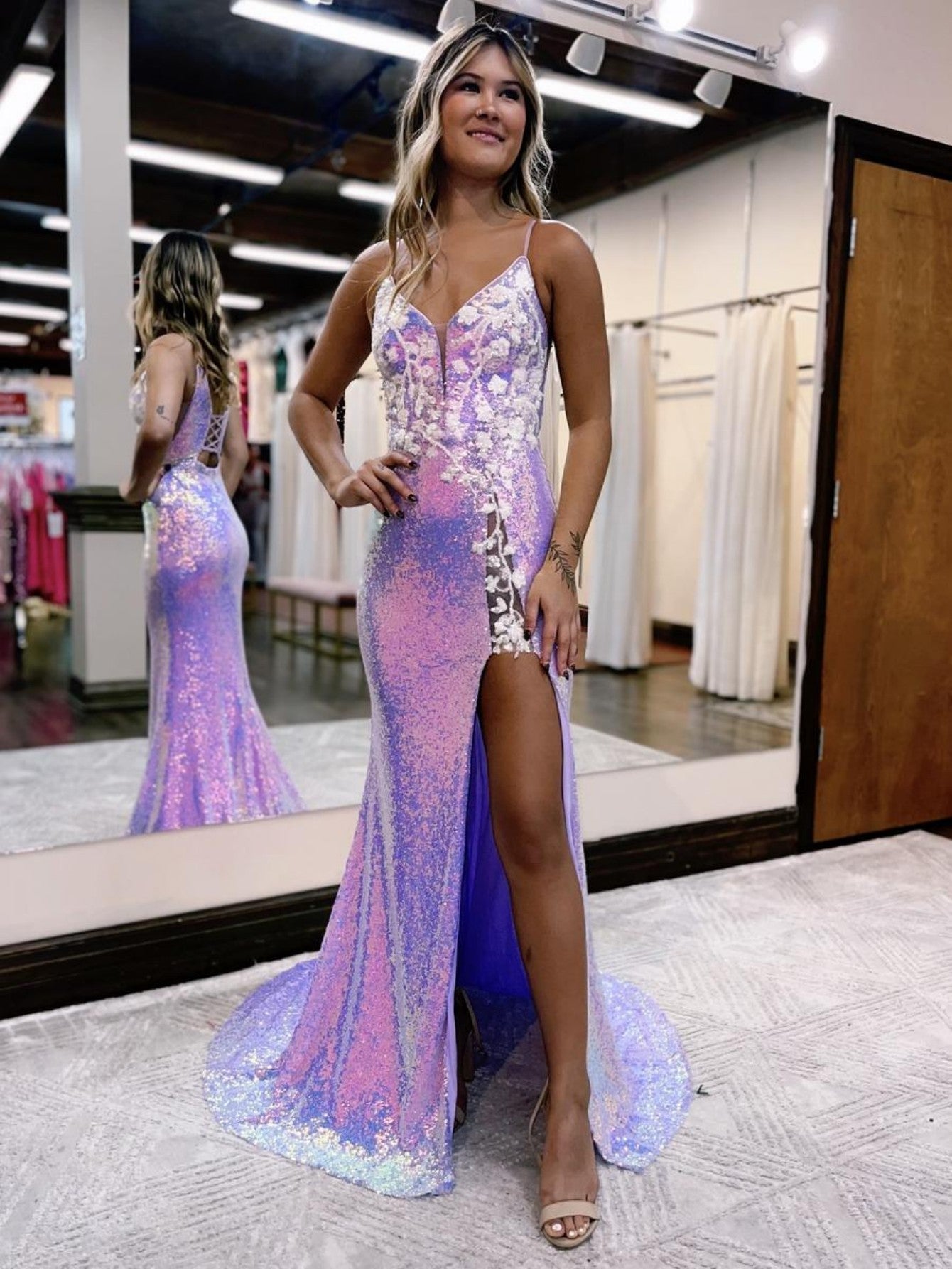 Purple Glitter Floral Long Prom Dress with Slit - Prom Dress - DYAVOR®