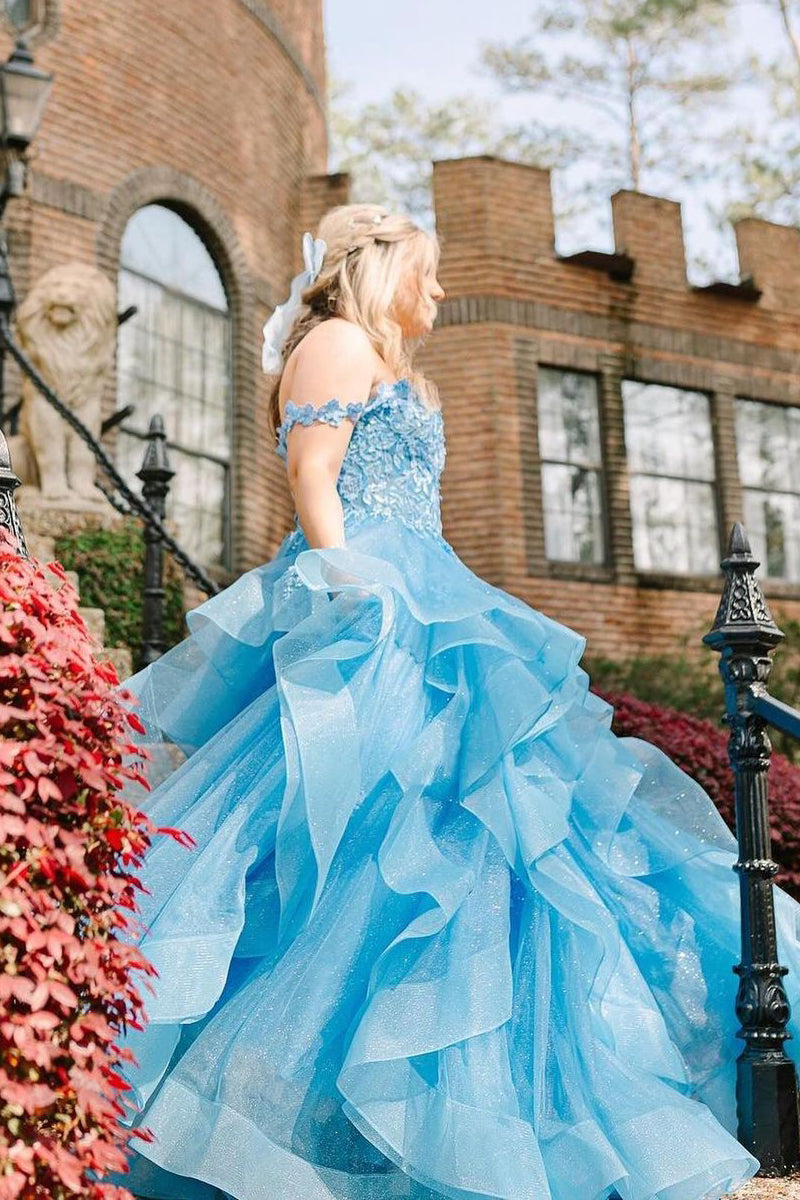 Blue Off the Shoulder Ruffle Tiered Tulle Long Prom Dresses with Appliques - Prom Dress - DYAVOR®