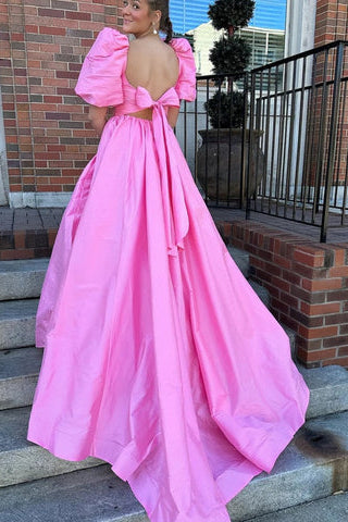 Lynette | Square Neck Fuchsia Puff Sleeves A-Line Prom Dress - Prom Dress - DYAVOR®