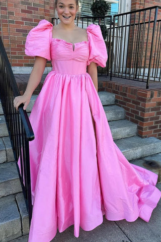 Lynette | Square Neck Fuchsia Puff Sleeves A-Line Prom Dress - Prom Dress - DYAVOR®