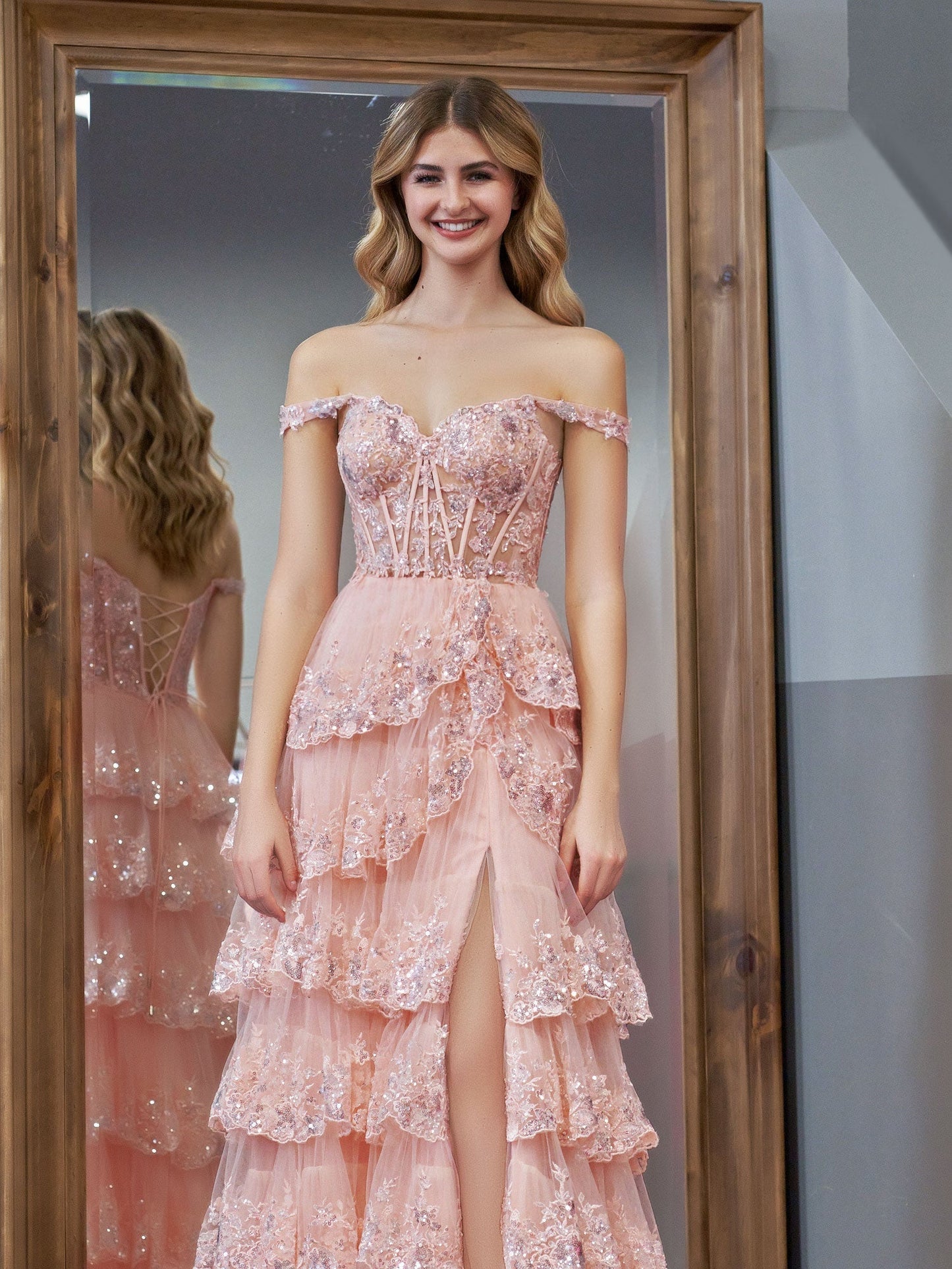 Pink Princess A Line Off the Shoulder Corset Prom Dress with Lace Ruffles - Prom Dress - DYAVOR®