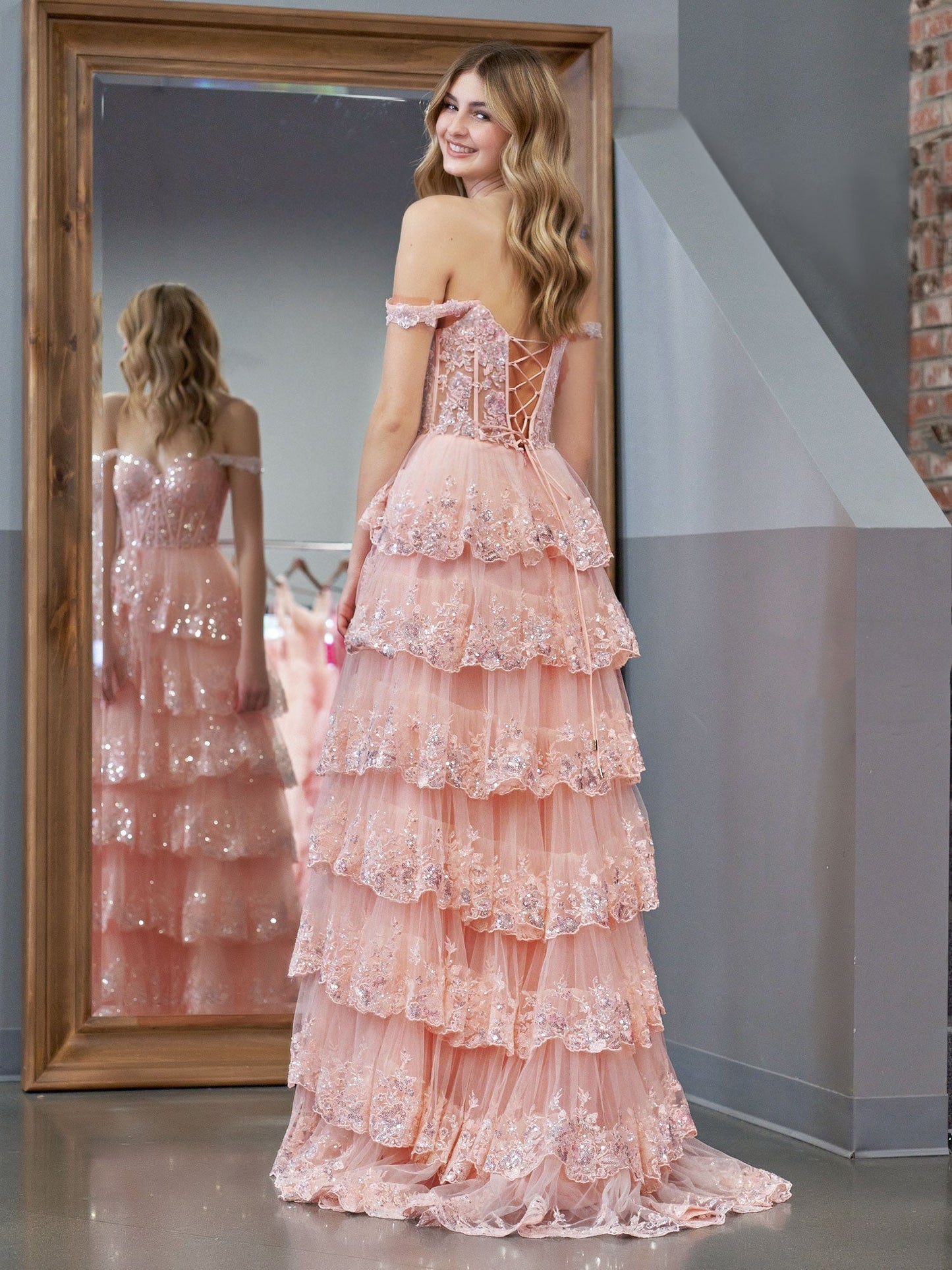 Pink Princess A Line Off the Shoulder Corset Prom Dress with Lace Ruffles - Prom Dress - DYAVOR®