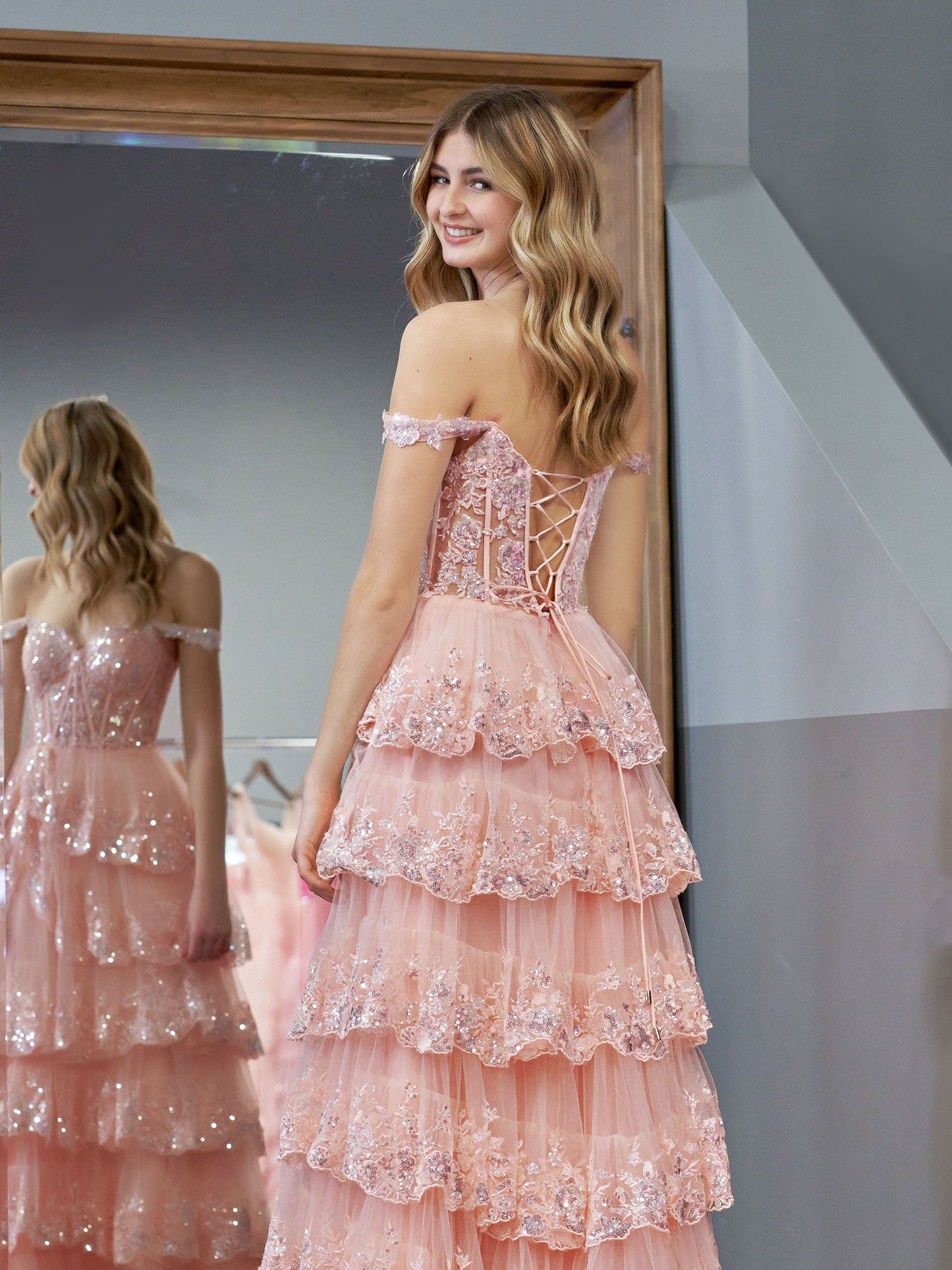 Pink Princess A Line Off the Shoulder Corset Prom Dress with Lace Ruffles - Prom Dress - DYAVOR®