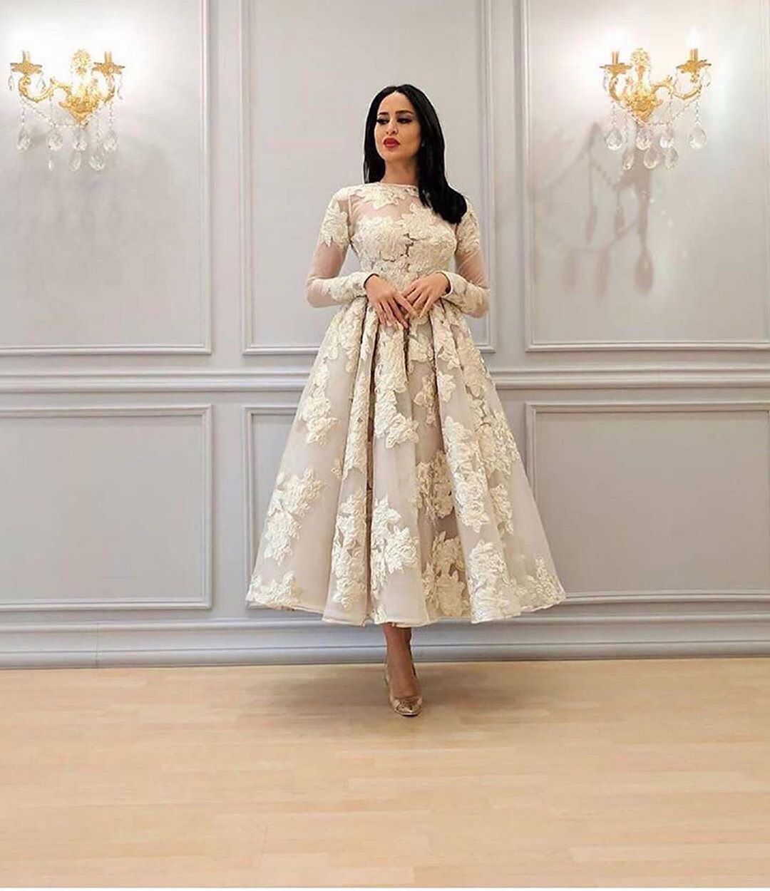 Charming Long Sleeves Floral A-line Evening Dress Ankle Length Party Dress - Prom Dresses - DYAVOR®