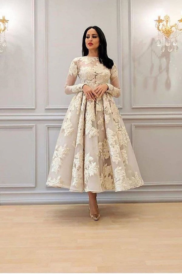 Charming Long Sleeves Floral A-line Evening Dress Ankle Length Party Dress - Prom Dresses - DYAVOR®