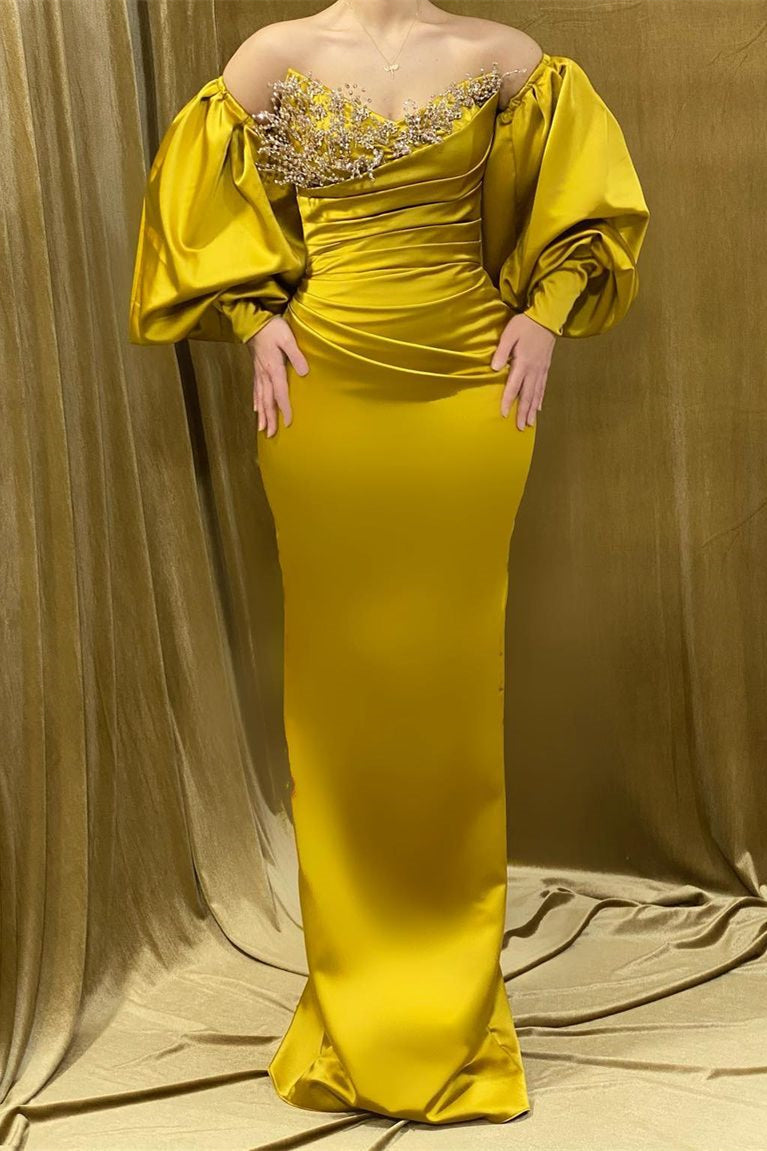 Charming Long Sweetheart Rhinestone Satin Mermaid Prom Dress With Long Sleeves - Prom Dresses - DYAVOR®