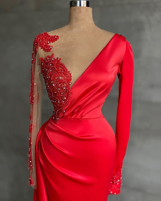 Charming Red Beading Mermaid Prom Dress Side Slit with Lace - Prom Dresses - DYAVOR®