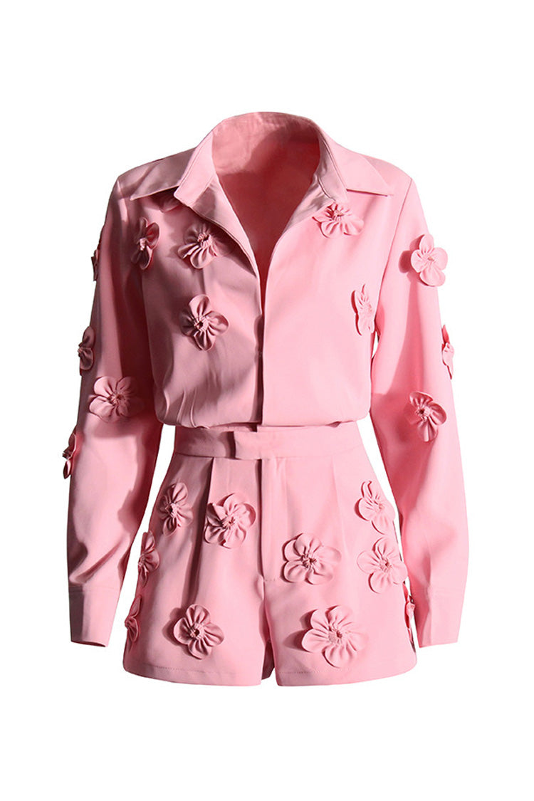 Chic Lapel Collar Buttoned Long Sleeve Pleated Rosette Blazer Romper - Rompers - DYAVOR®