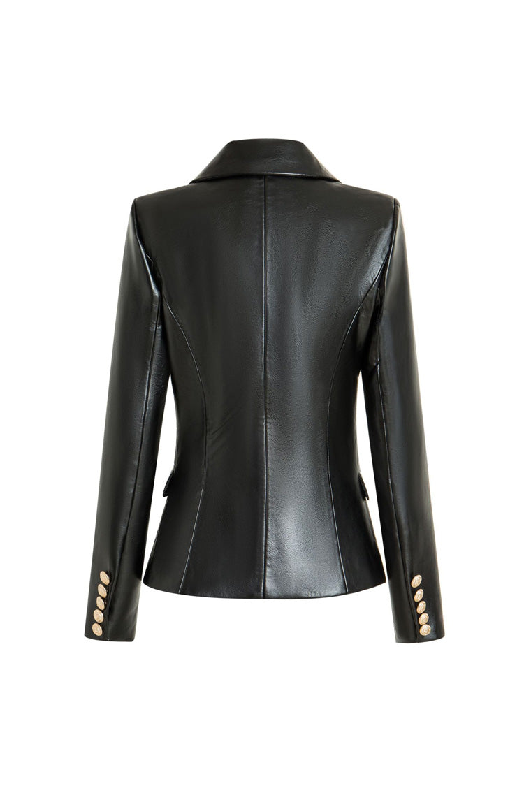 Chic Lapel Collar Long Sleeve Double Breasted Tailored Faux Leather Blazer - Blazers - DYAVOR®