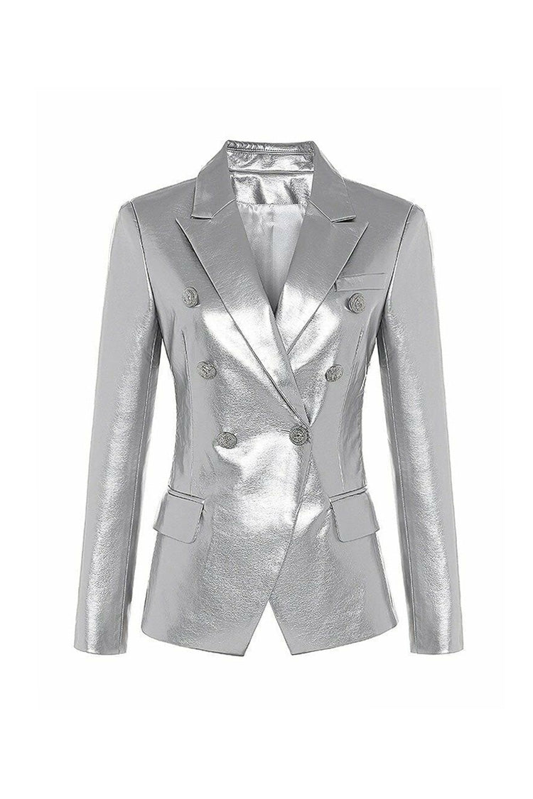 Chic Lapel Collar Long Sleeve Double Breasted Tailored Faux Leather Blazer - Blazers - DYAVOR®