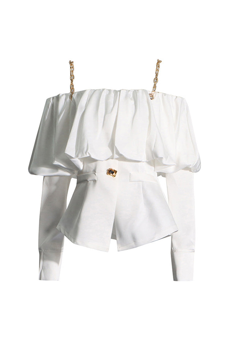 Chic Metallic Strap Ruffled Cold Shoulder Long Sleeve Crystal Chiffon Jacket - Tops - DYAVOR®