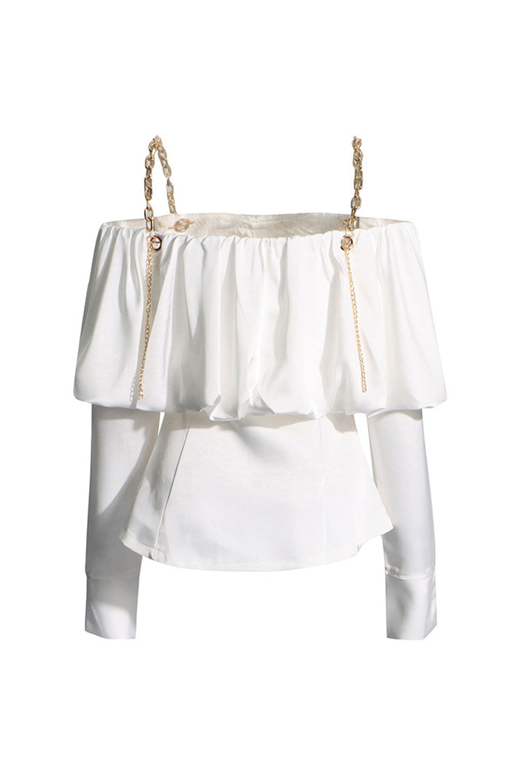 Chic Metallic Strap Ruffled Cold Shoulder Long Sleeve Crystal Chiffon Jacket - Tops - DYAVOR®