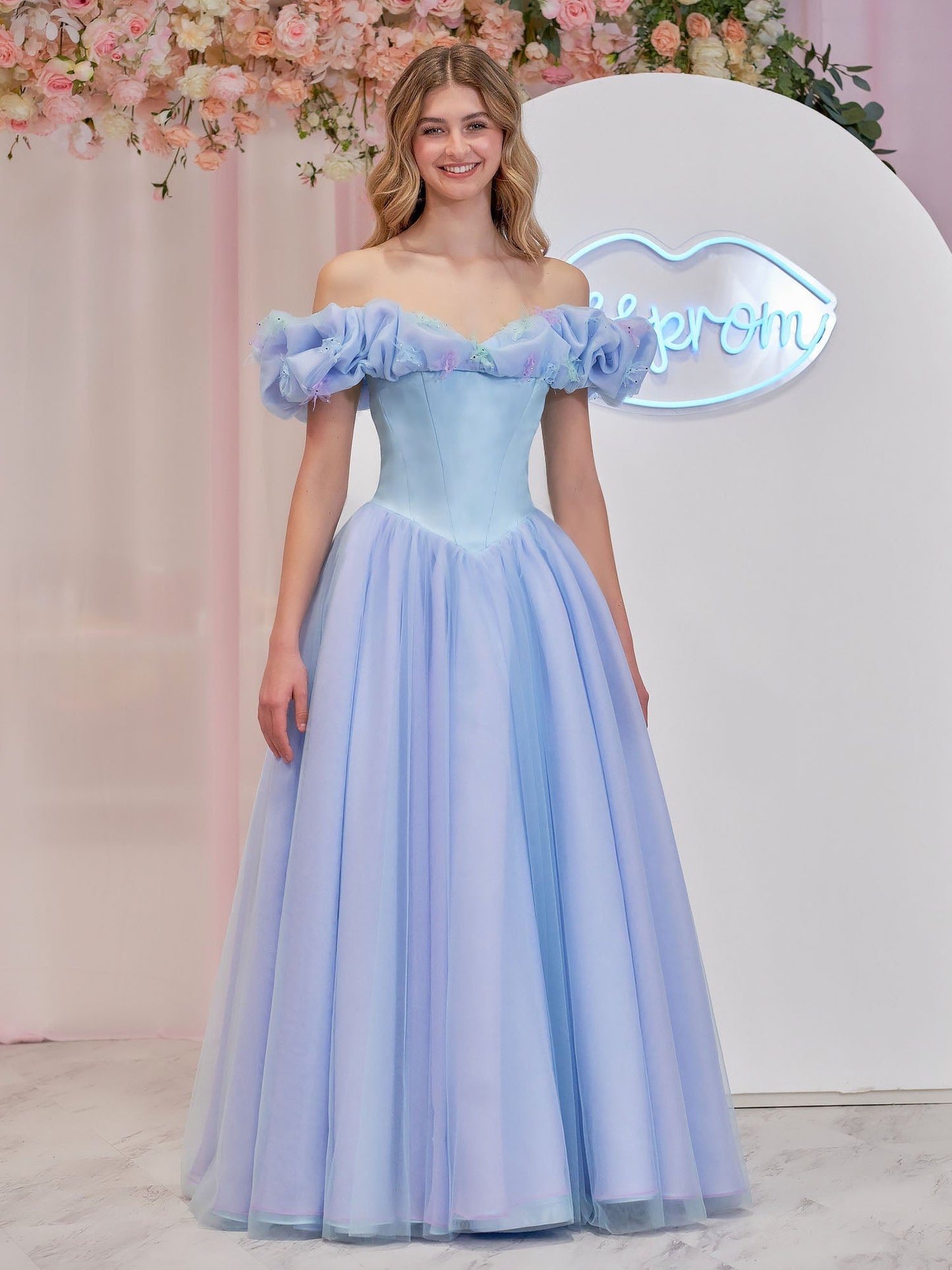 Isabel | Cinderella Blue Tulle Off the Shoulder With Crystals & Butterflies Ball Gown - Prom Dress - DYAVOR®