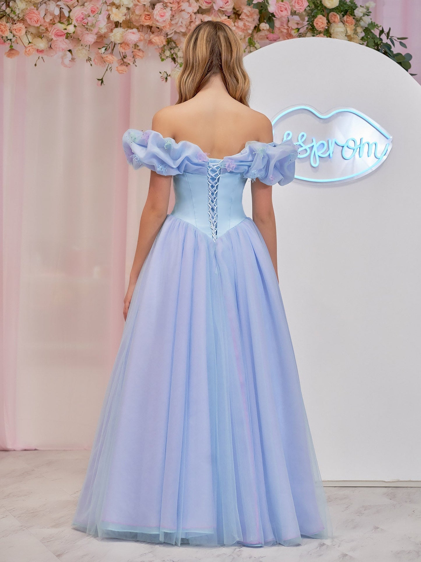 Isabel | Cinderella Blue Tulle Off the Shoulder With Crystals & Butterflies Ball Gown - Prom Dress - DYAVOR®