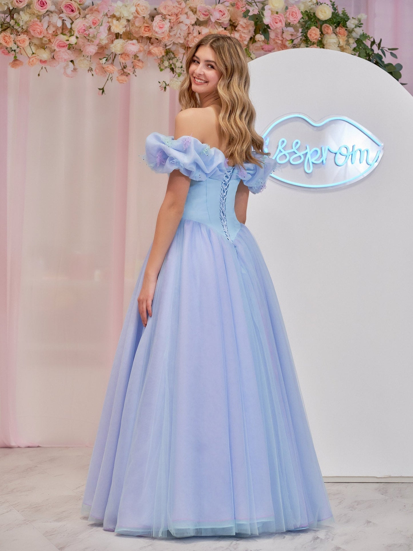 Isabel | Cinderella Blue Tulle Off the Shoulder With Crystals & Butterflies Ball Gown - Prom Dress - DYAVOR®