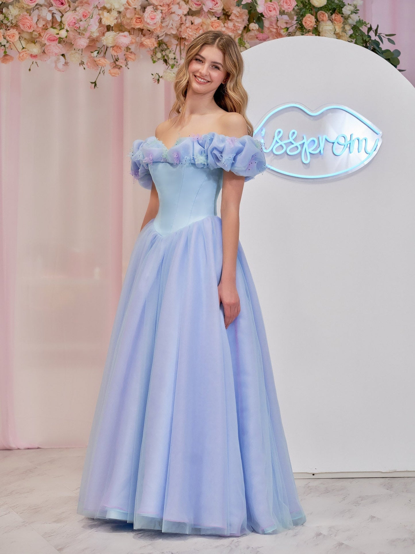 Isabel | Cinderella Blue Tulle Off the Shoulder With Crystals & Butterflies Ball Gown - Prom Dress - DYAVOR®