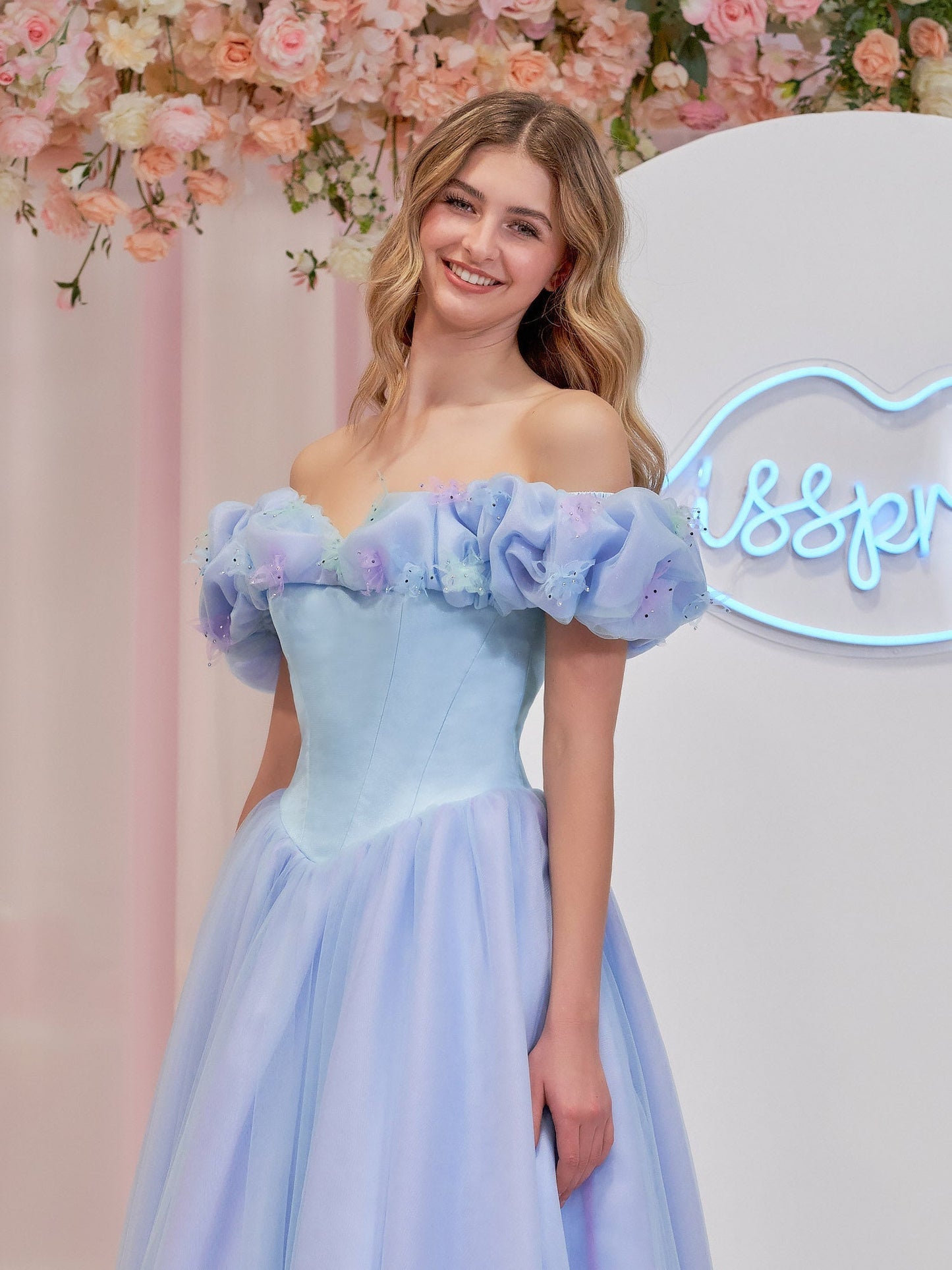 Isabel | Cinderella Blue Tulle Off the Shoulder With Crystals & Butterflies Ball Gown - Prom Dress - DYAVOR®