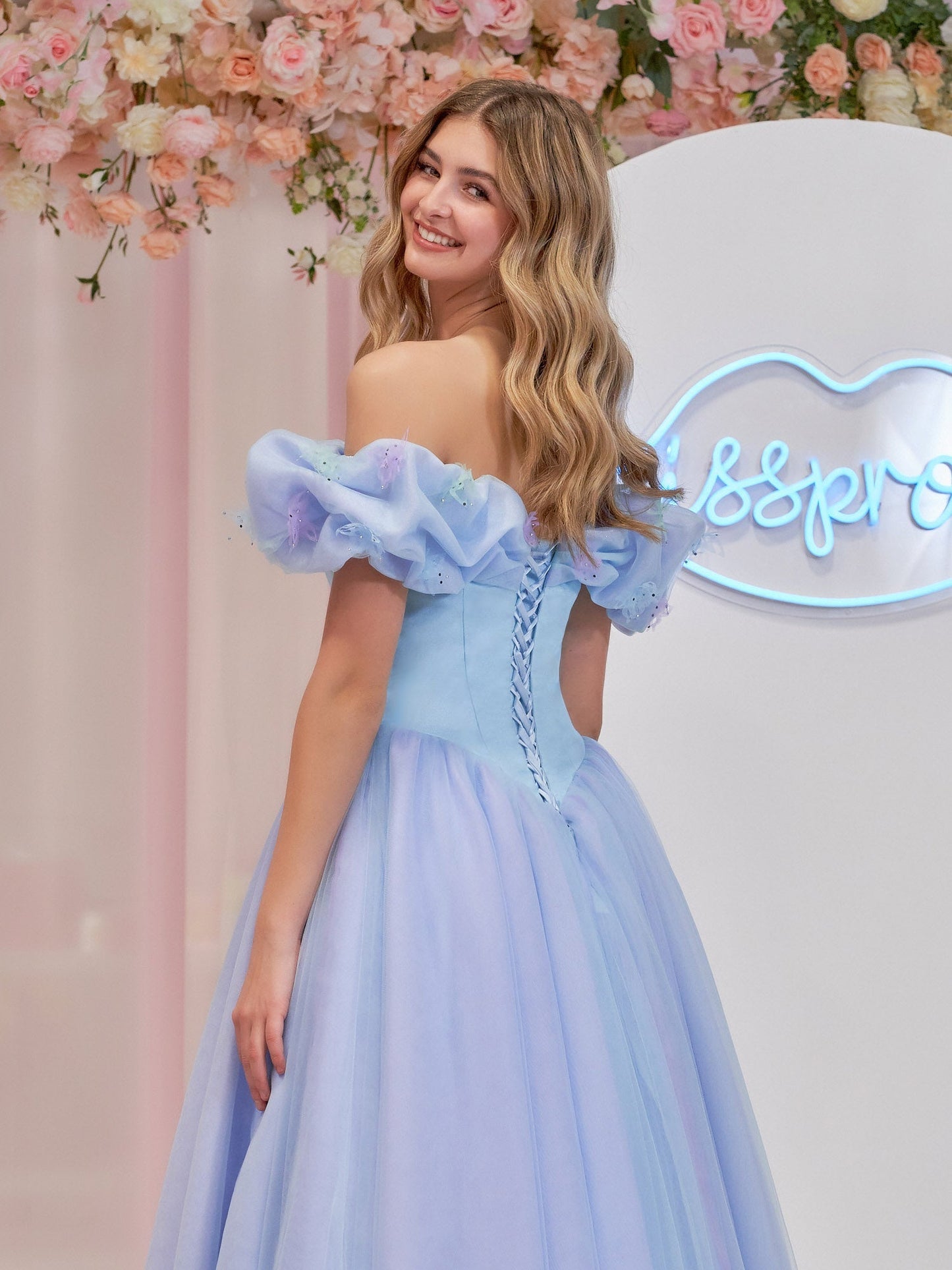 Isabel | Cinderella Blue Tulle Off the Shoulder With Crystals & Butterflies Ball Gown - Prom Dress - DYAVOR®
