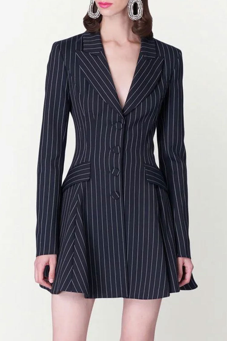 Classic Lapel Button Front Fit & Flare Striped Blazer Mini Dress - Navy Blue - Blazer - DYAVOR®