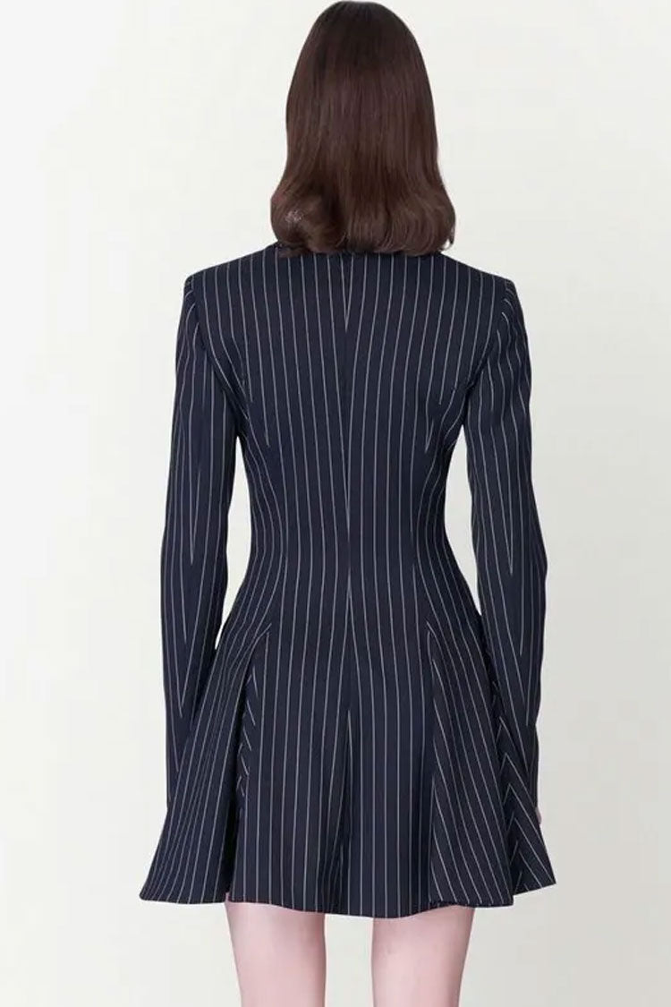 Classic Lapel Button Front Fit & Flare Striped Blazer Mini Dress - Navy Blue - Blazer - DYAVOR®