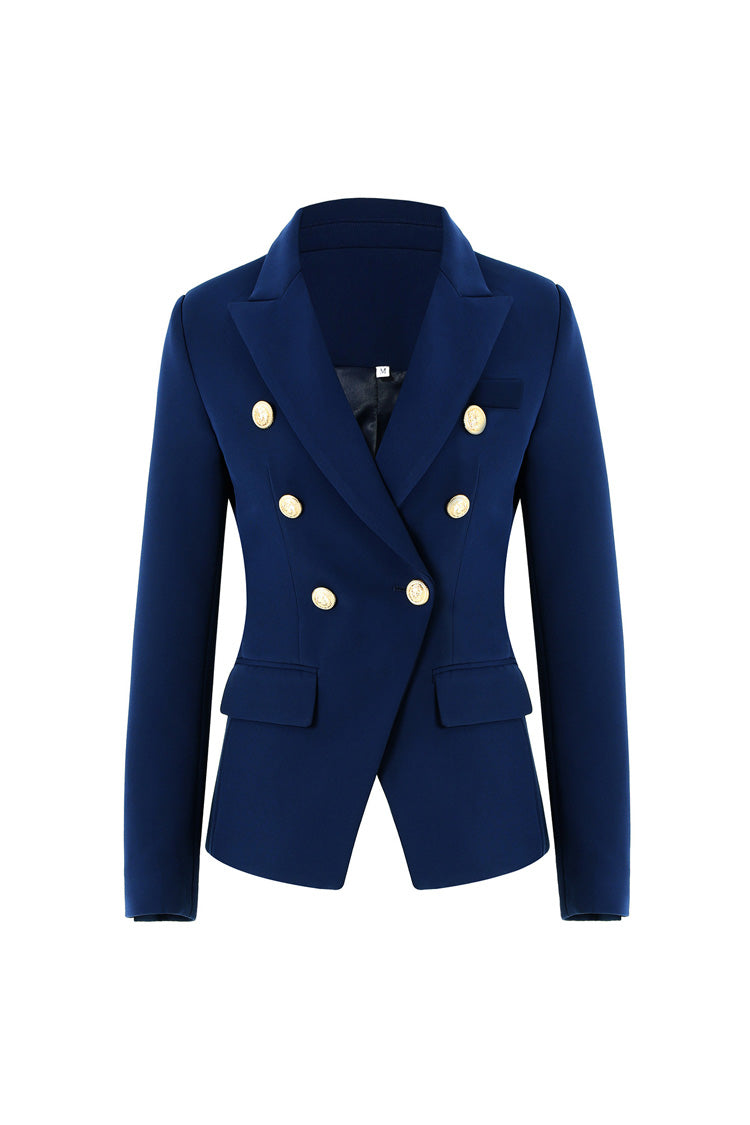 Classic Peak Lapel Shoulder Pad Double Breasted Cinch Waist Blazer - Blazers - DYAVOR®