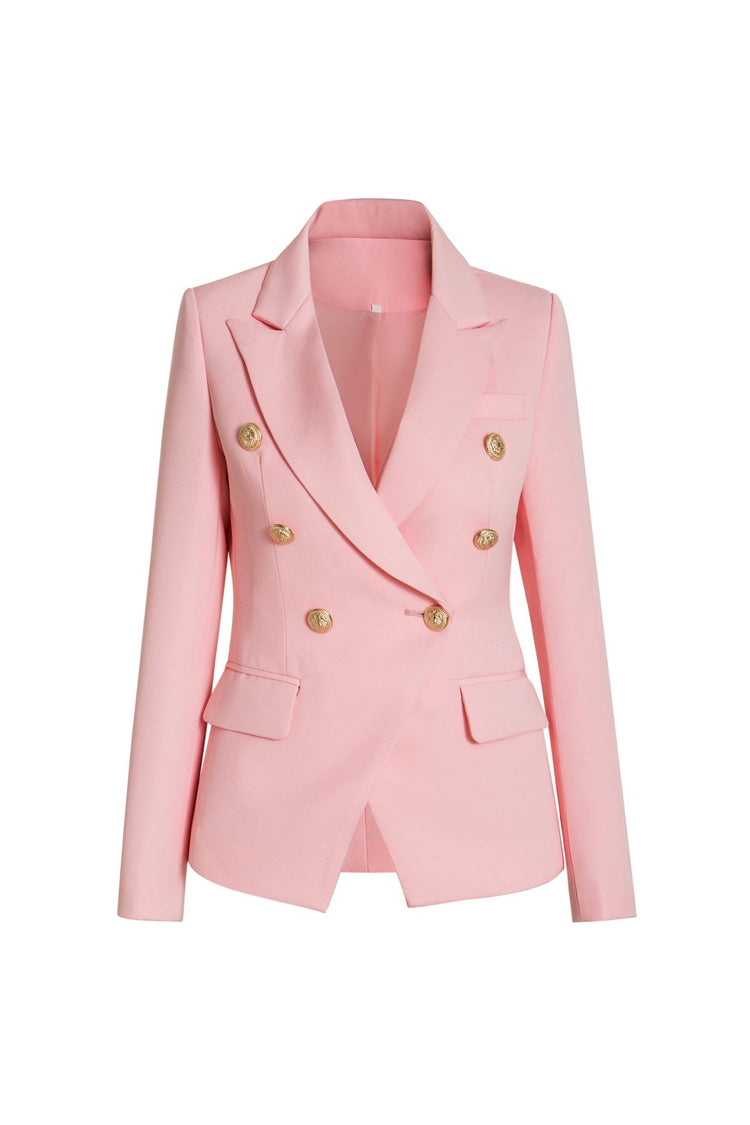 Classic Peak Lapel Shoulder Pad Double Breasted Cinch Waist Blazer - Blazers - DYAVOR®