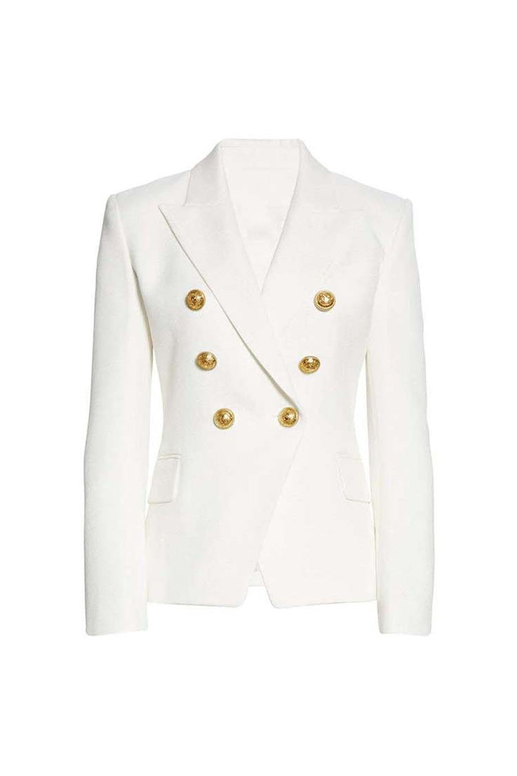 Classic Peak Lapel Shoulder Pad Double Breasted Cinch Waist Blazer - Blazers - DYAVOR®