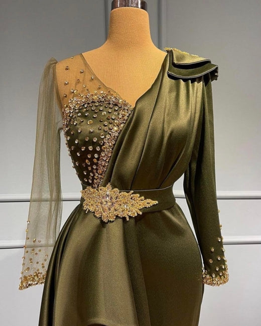 Classy V-neck Long Sleeves Beading Mermaid Prom Dress With Side Train - Prom Dresses - DYAVOR®