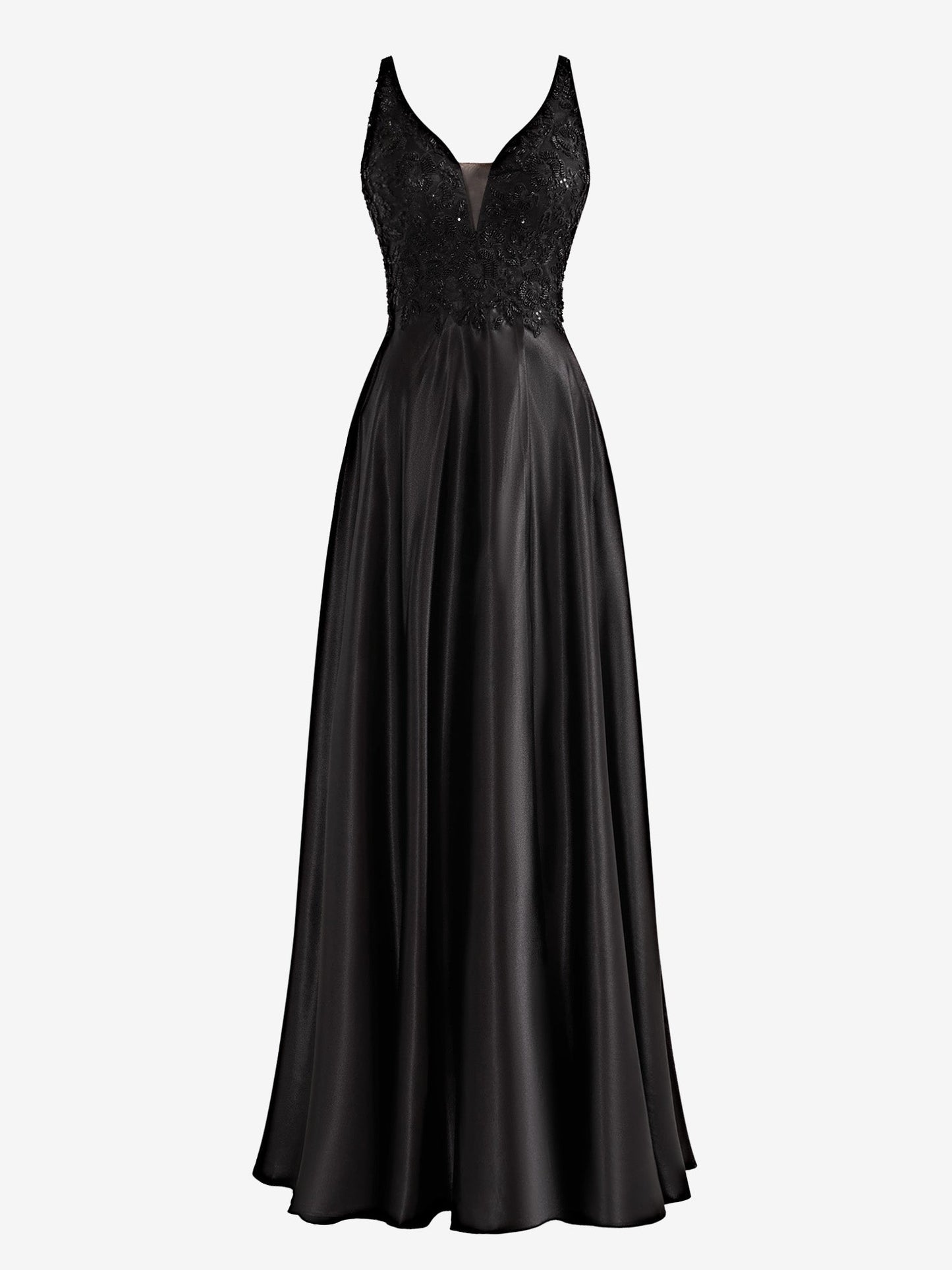 Colette | Black A-Line V-Neck Satin Prom Dress with Slit - Prom Dress - DYAVOR®