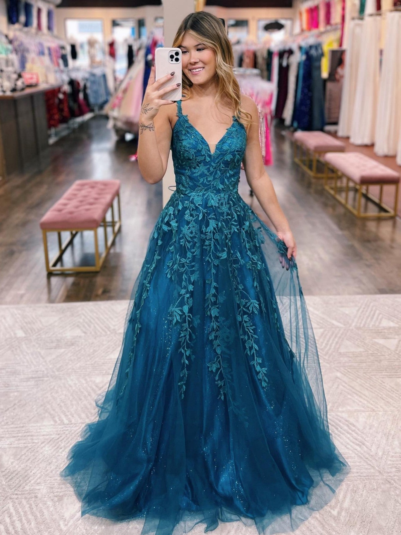 Veronica |A Line Ink Blue Glitter Tulle Lace Prom Dress - Prom Dress - DYAVOR®