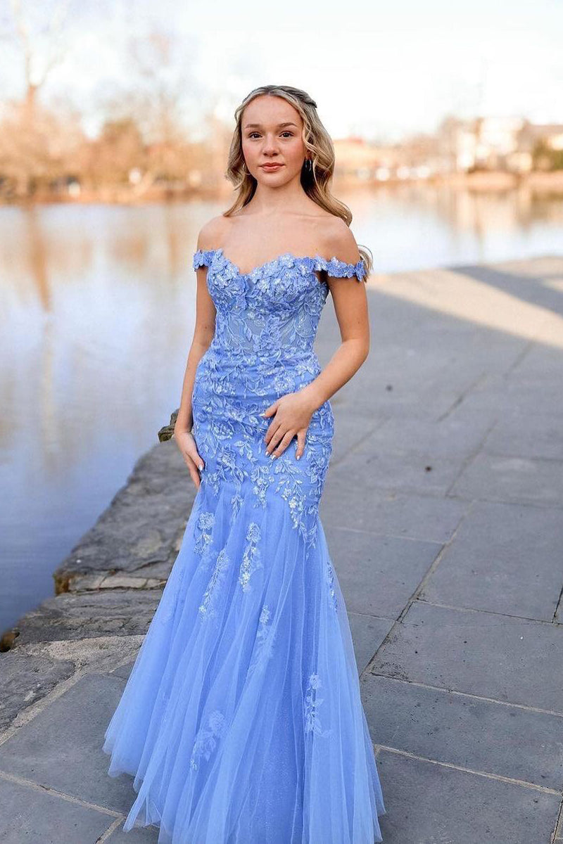 Lavender Off the Shoulder Tulle Appliques Mermaid Long Prom Dresses - Prom Dress - DYAVOR®