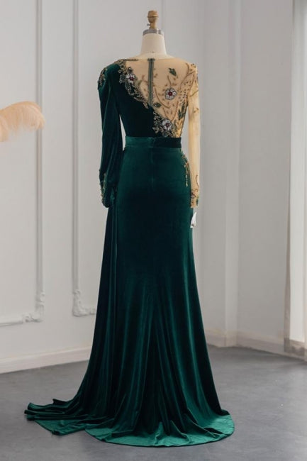 Dark Green Long Sleeves Jewel Mermaid Evening Dresses Prom Gowns With Ruffles - Prom Dresses - DYAVOR®