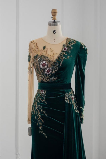 Dark Green Long Sleeves Jewel Mermaid Evening Dresses Prom Gowns With Ruffles - Prom Dresses - DYAVOR®