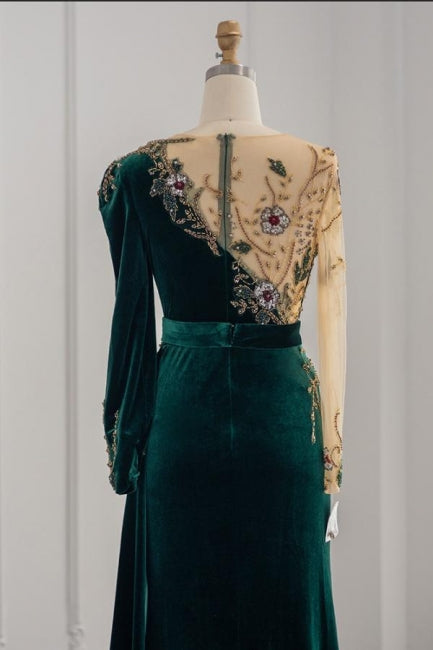 Dark Green Long Sleeves Jewel Mermaid Evening Dresses Prom Gowns With Ruffles - Prom Dresses - DYAVOR®