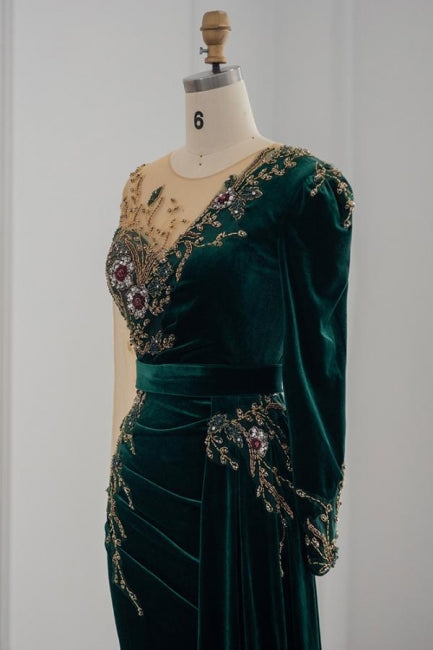 Dark Green Long Sleeves Jewel Mermaid Evening Dresses Prom Gowns With Ruffles - Prom Dresses - DYAVOR®