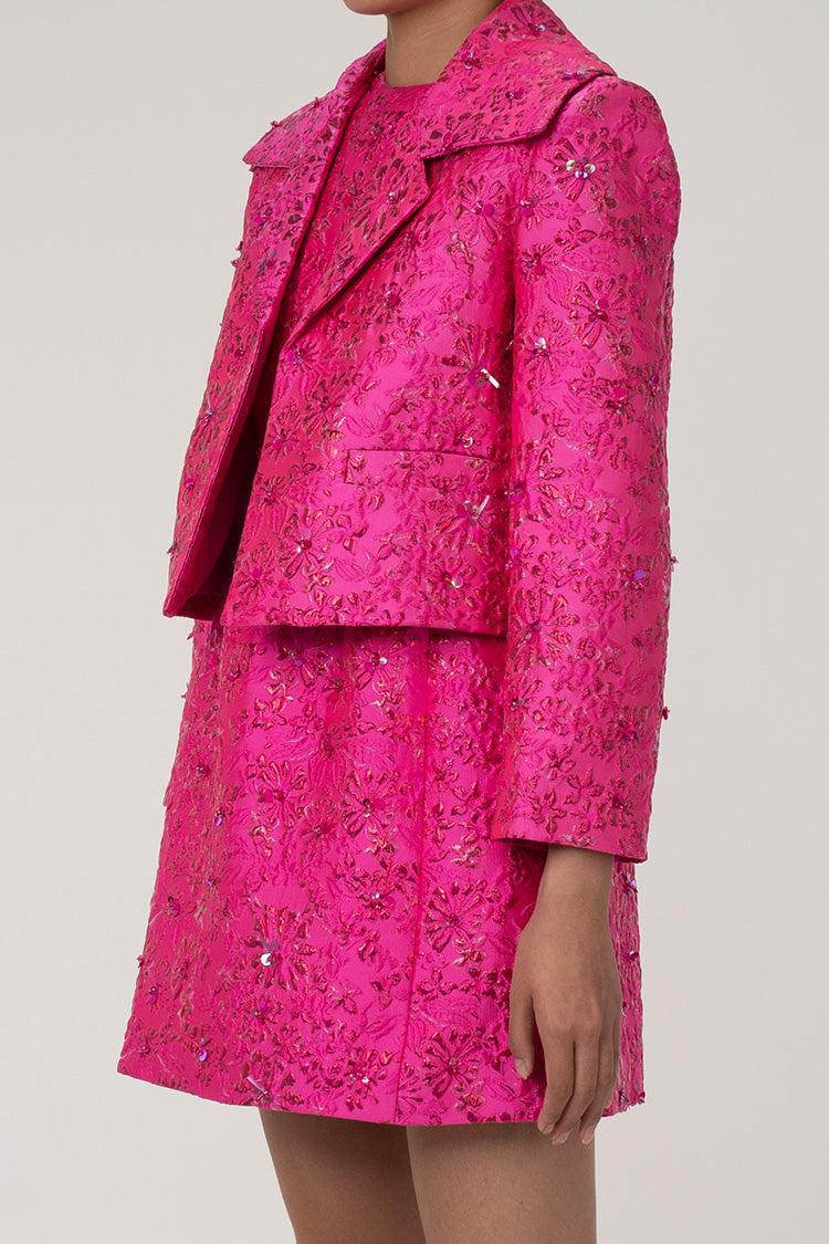 Dazzling Sequin Lurex Jacquard Floral Big Collar 3/4 Sleeve Crop Blazer - Blazers - DYAVOR®