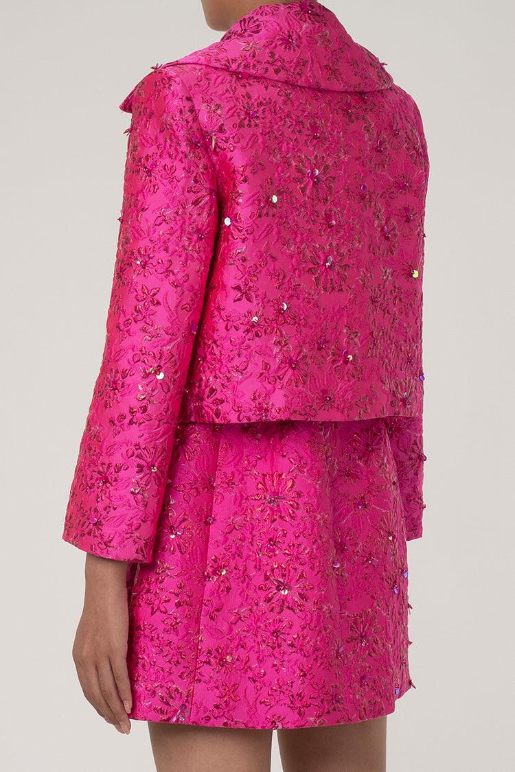 Dazzling Sequin Lurex Jacquard Floral Big Collar 3/4 Sleeve Crop Blazer - Blazers - DYAVOR®