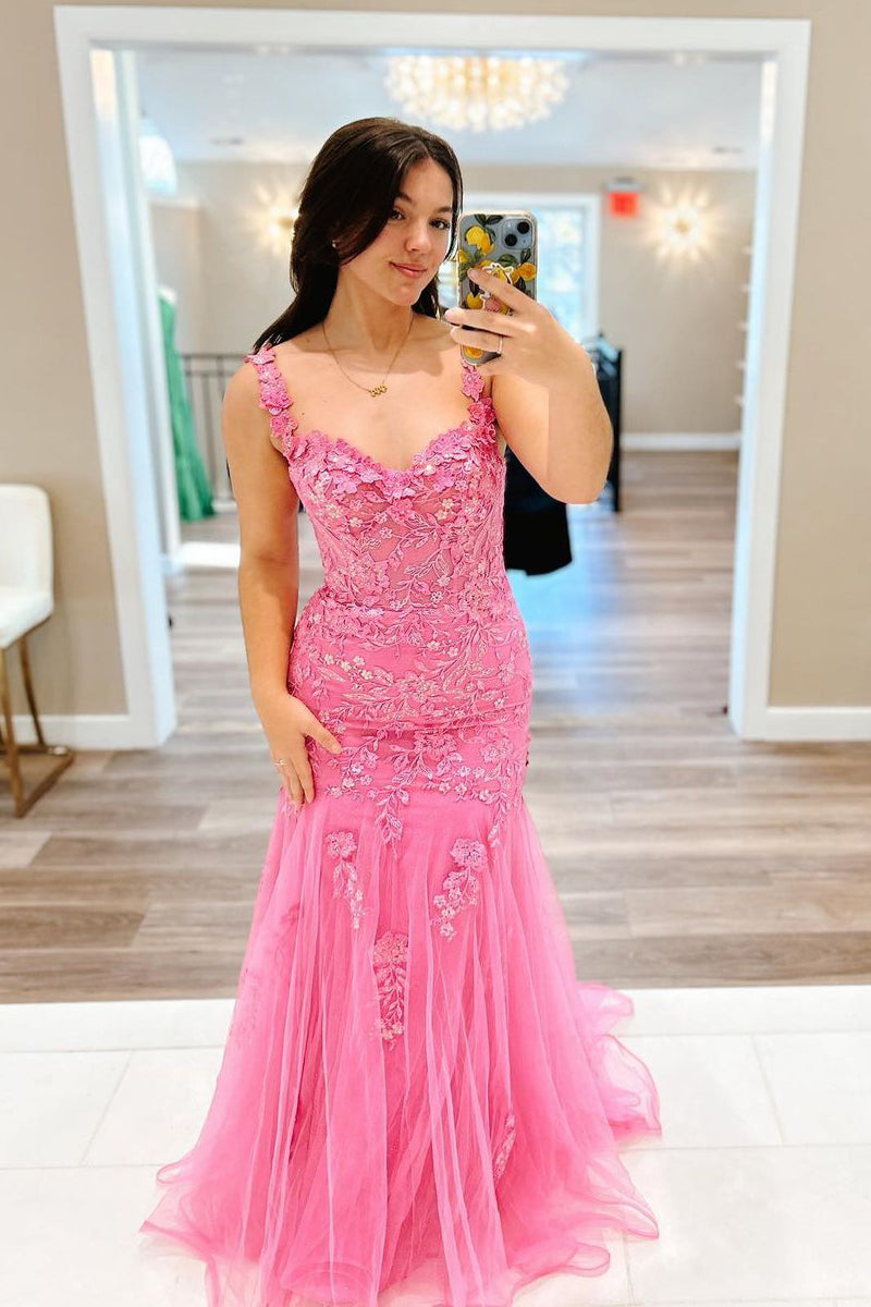 Suzanne | Pink Mermaid Off the Shoulder Tulle Long Prom Dress with Appliques - Prom Dress - DYAVOR®