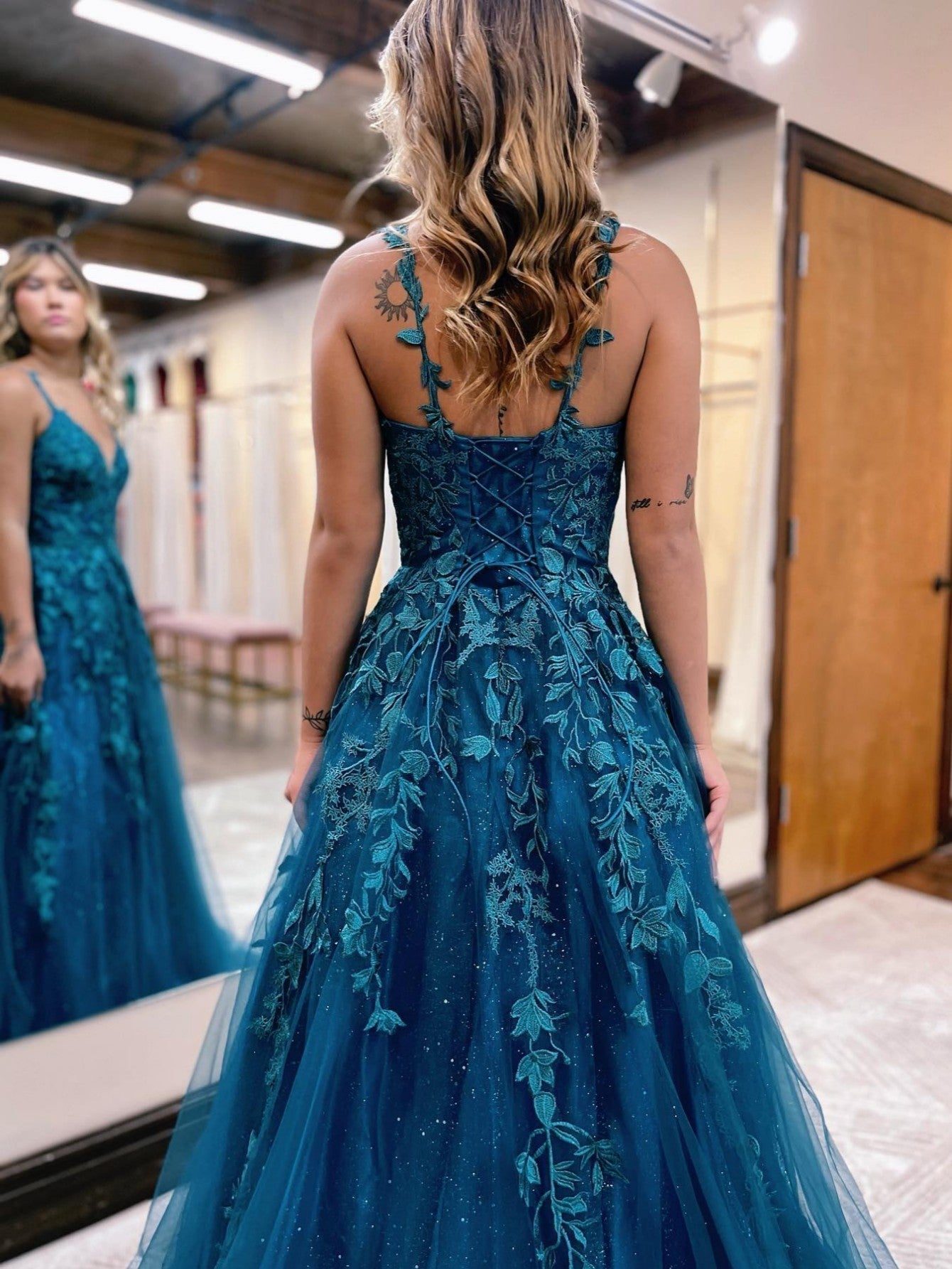 Veronica |A Line Ink Blue Glitter Tulle Lace Prom Dress - Prom Dress - DYAVOR®