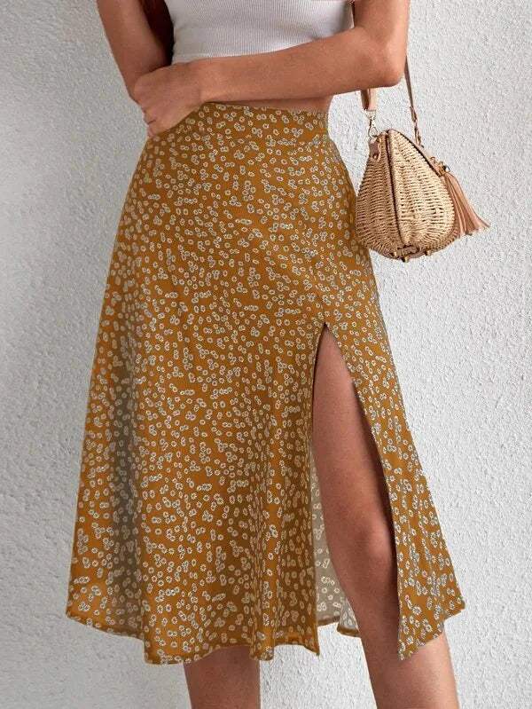 Midi Skirt - Floral Print - High Waist, Elegant Split, Airy Fabric - Perfect for Summer Days - 05/112024 1 - DYAVOR®