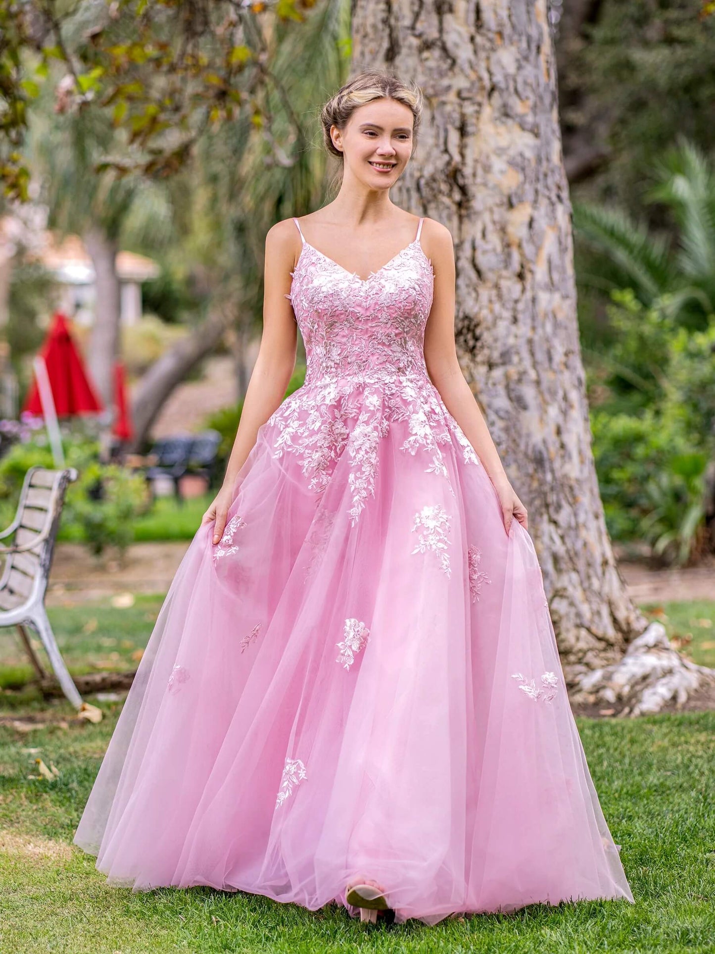Deep V-Neck Applique Lace Floor Length Tulle Prom Dress - Prom Dresses - DYAVOR®